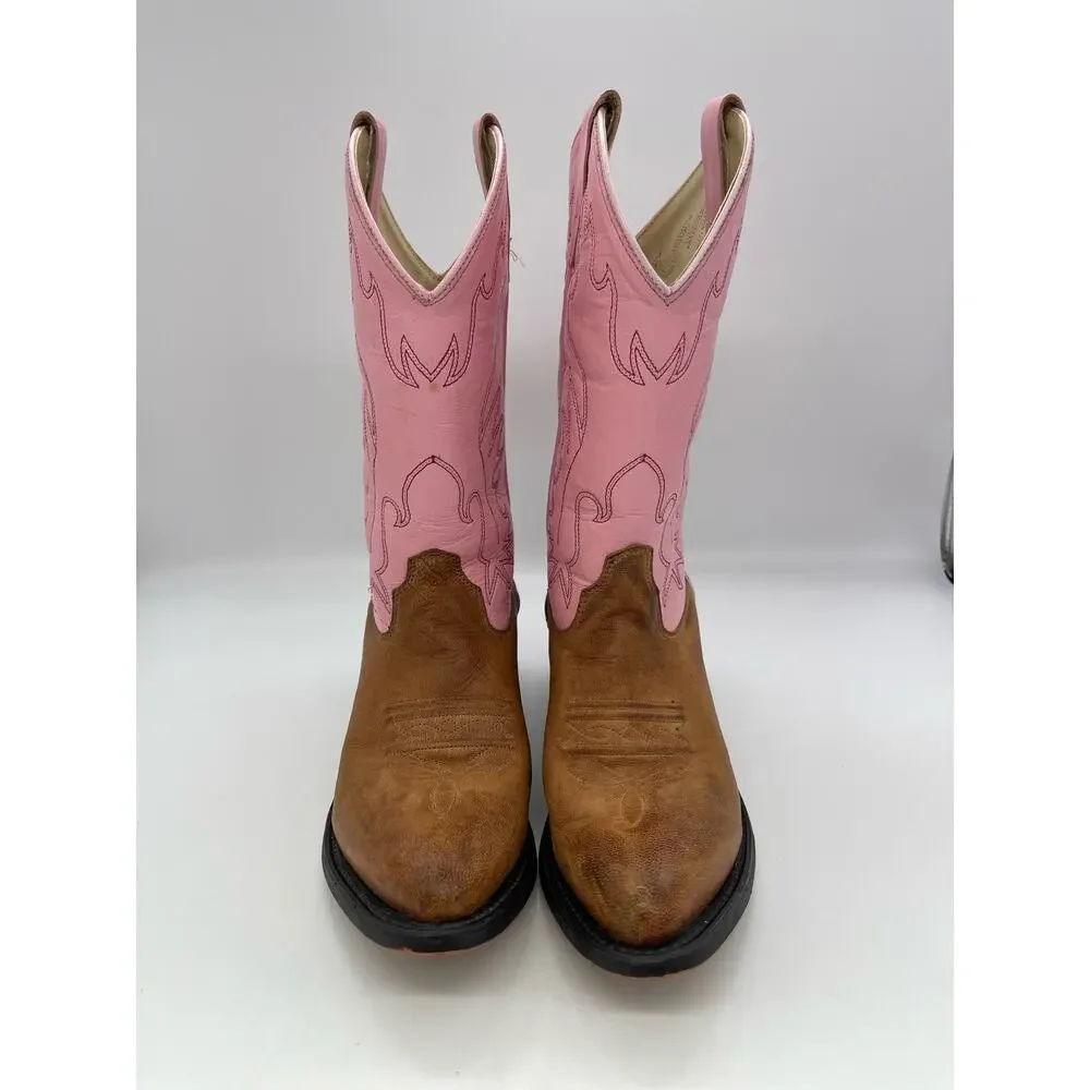 Old West Pink & Brown Leather Boots Size 5